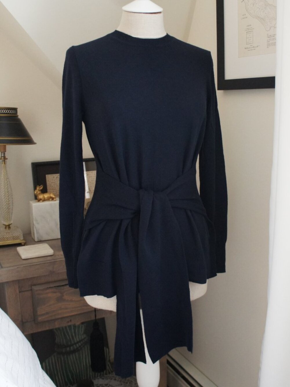 Whistles Navy Tie-Waist Wool & Cotton Crew Neck Sweater Size Small